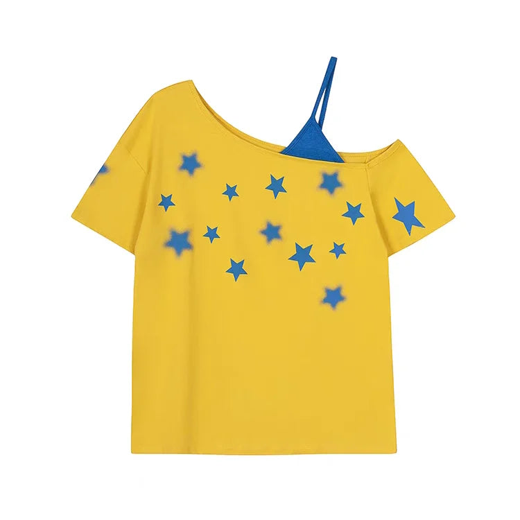 Women’s Y2K Star Graphic T-Shirt – Off-Shoulder Oversized Top | 100% Cotton Summer Tee