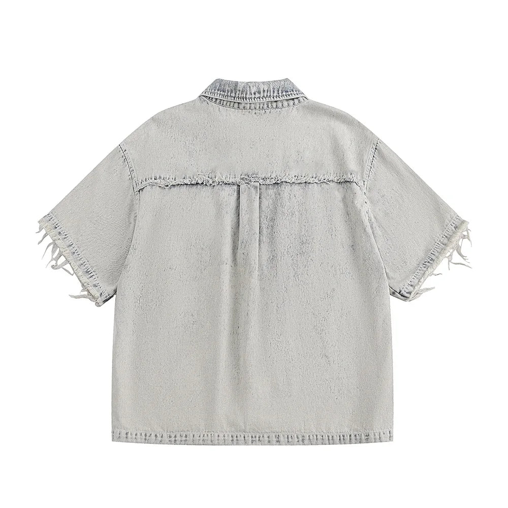 Men’s Vintage Washed Denim Shirt – Loose Fit Short Sleeve Casual Top