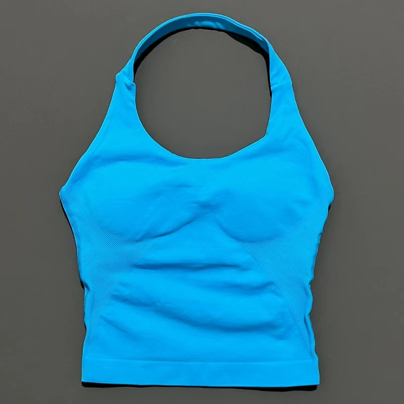 Women's Seamless Halterneck Longline Sports Tank Top – Ruched Gym Activewear