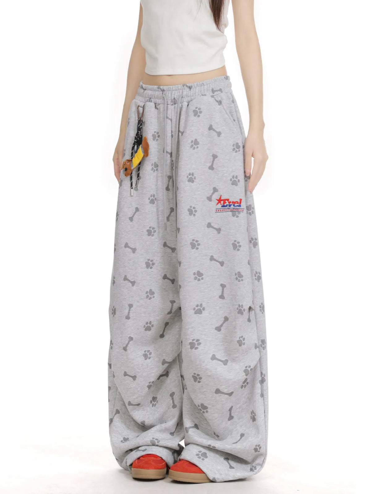 Women’s Dog Paw & Bone Print Sweatpants – Loose Wide-Leg Straight-Leg Trousers | American Streetwear Style