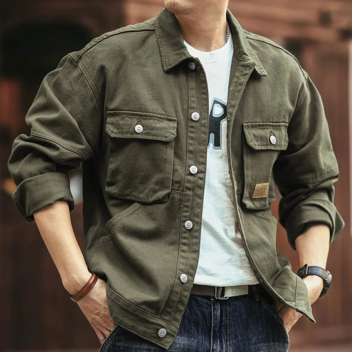 Men's Casual Loose Fit Denim Jacket – Multi-Pocket Workwear Streetwear Top