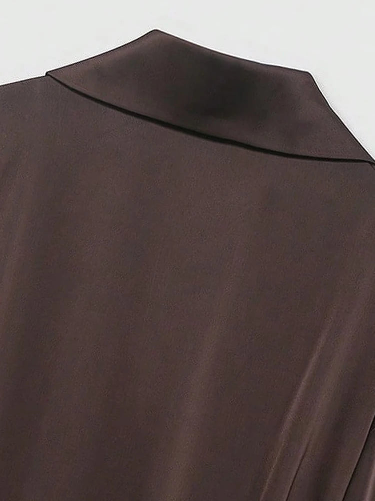 Women’s Satin Blouse – Belted Waist, Long Sleeve Lapel Top