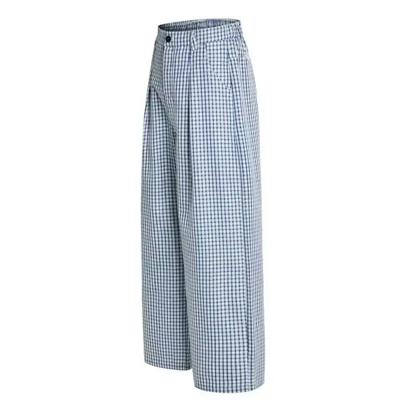 Men’s Gingham Wide-Leg Trousers – European Casual Half-Elastic Waist Pants | Minimalist Streetwear