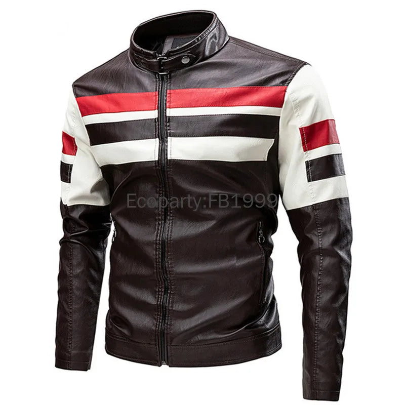 Men's PU Leather Motorcycle Jacket – Slim Fit Stand Collar Biker Coat