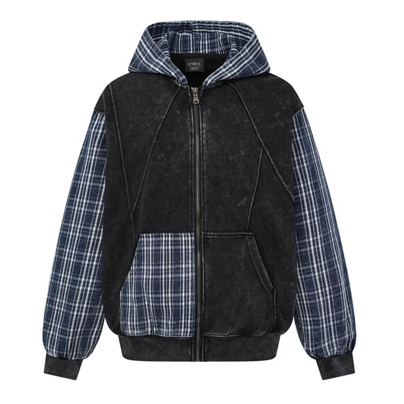 Men’s Vintage Patchwork Hoodie – Oversized Harajuku High Street Pullover, Casual Streetwear Sweatshirt