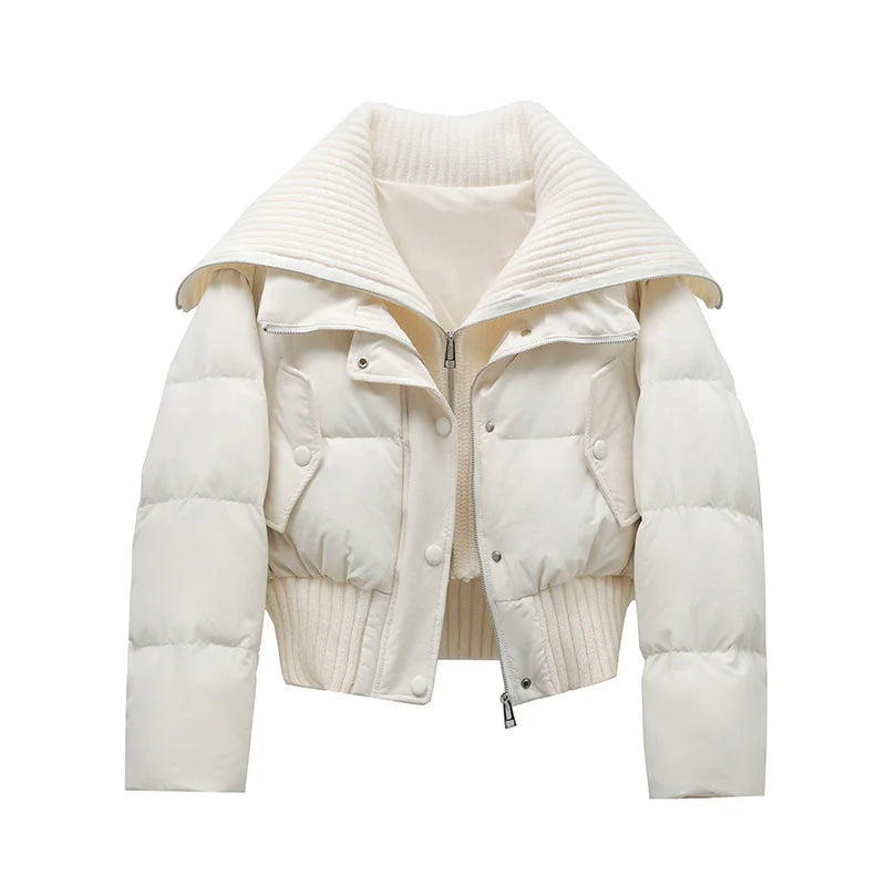 Women’s Korean-Style Padded Jacket – Thick Cropped Two-Piece Look, Turn-Down Collar Winter Coat for Autumn & Winter