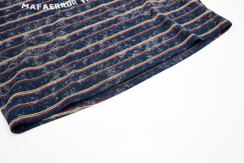 Men’s Retro Letter Print T-Shirt – Contrast Striped Cotton Crew Neck Tee