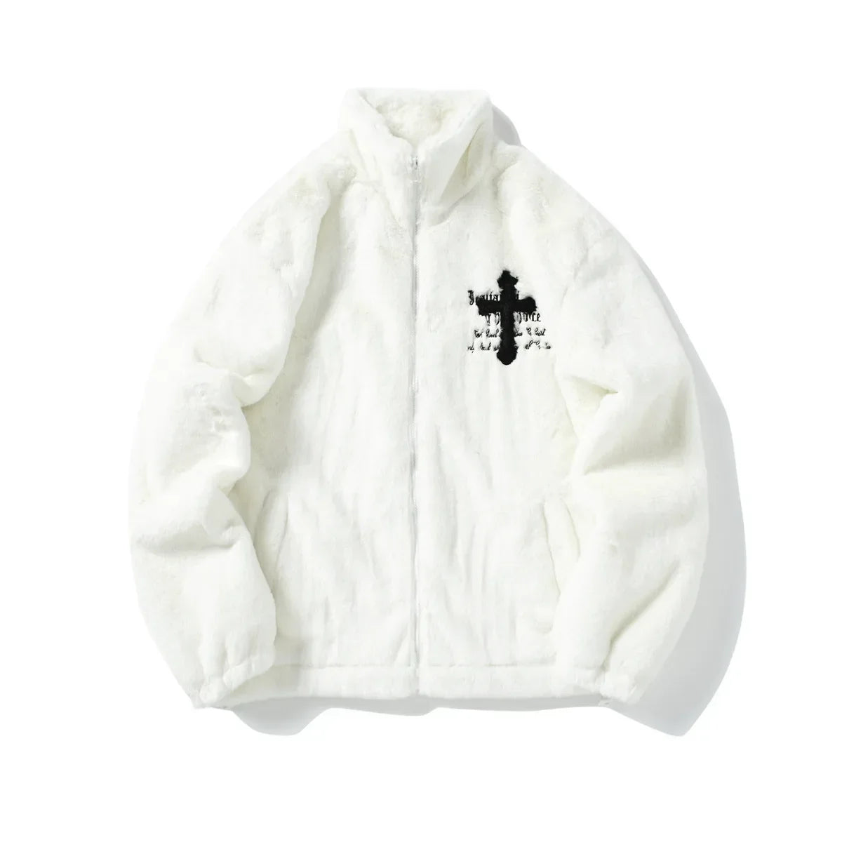 Men Rabbit Fur Jacket Coats Hip Hop Cross Letters Winter Fleece Jacket Streetwear Casual Harajuku Coat Zip Up Fashion Outerwear