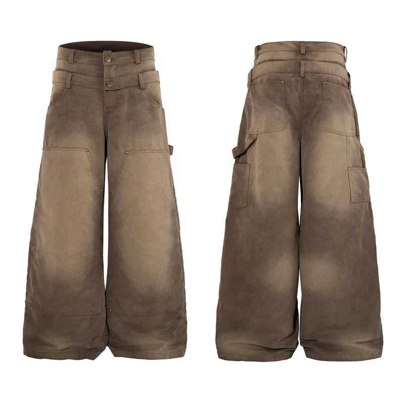 Men’s Double-Waist Cargo Jeans – Wide-Leg Baggy Washed Denim Pants | Y2K American Streetwear