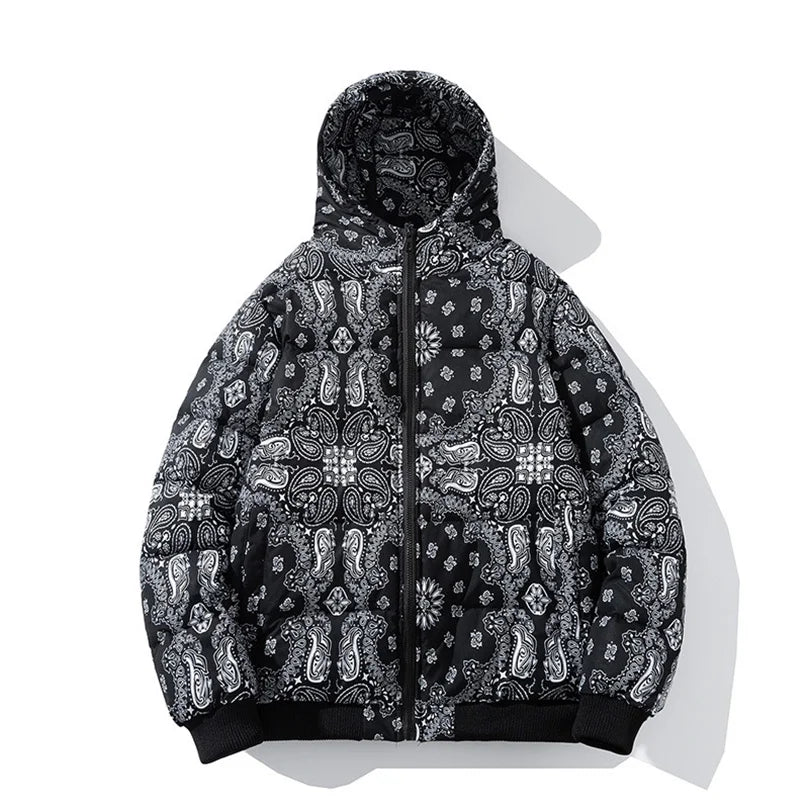 Men’s Winter Padded Jacket – Bandana Print Hooded Cotton Coat, Thick Warm Varsity Streetwear