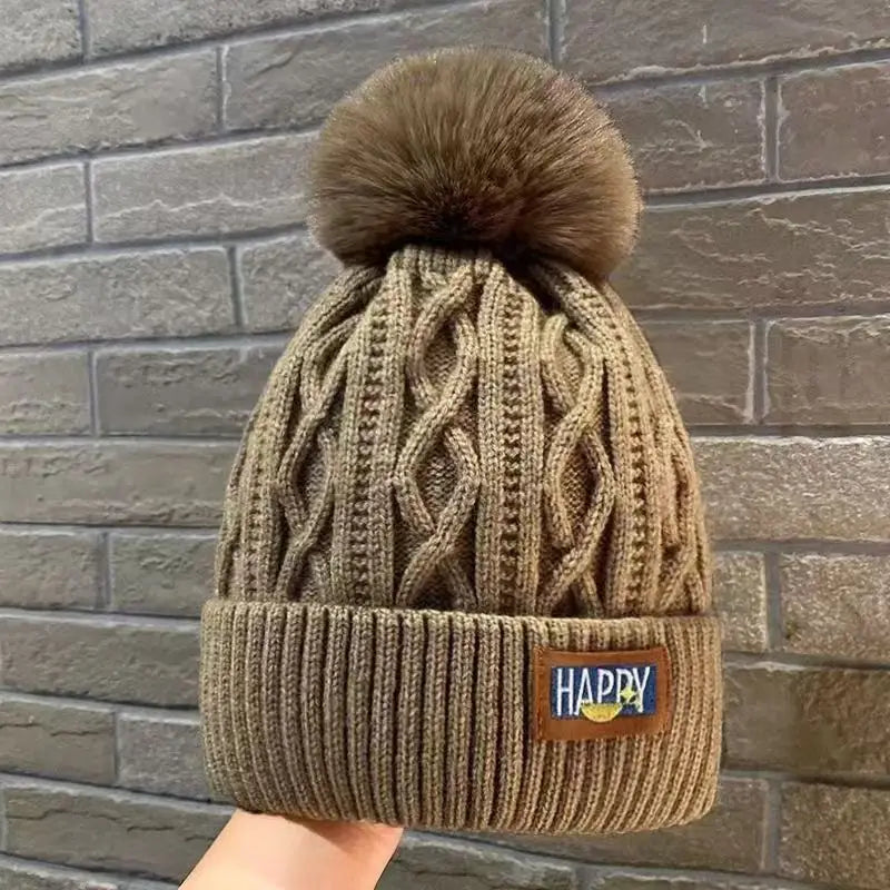 Women’s Winter Fleece-Lined Beanie – Thick Cable Knit Hat with Faux Fur Pom Pom, Warm Cold-Weather Cap