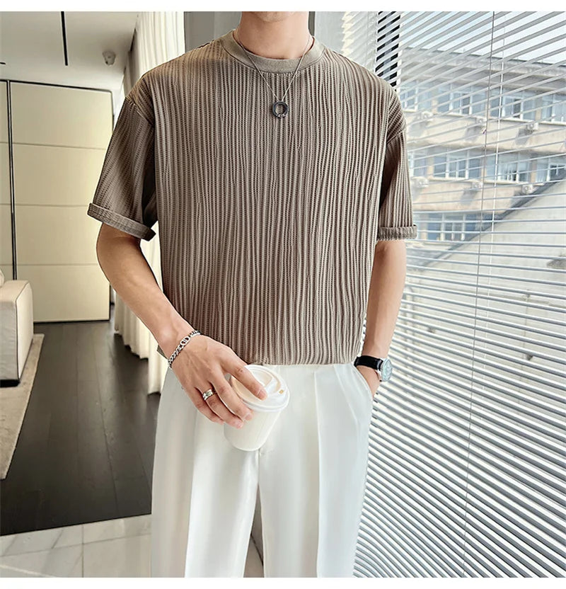 Men's Ice Silk Pleated T-Shirt – Casual Summer Crewneck Tee