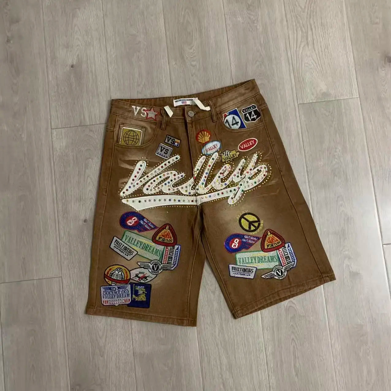 1980s Embroidered Rhinestone Denim Shorts – Unisex Mid Waist Loose Fit Summer