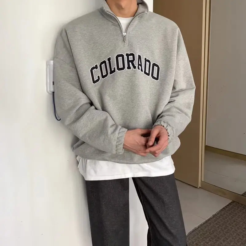 Men’s Half-Zip Sweatshirt – Letter Print Long Sleeve Streetwear Jacket for Spring & Autumn