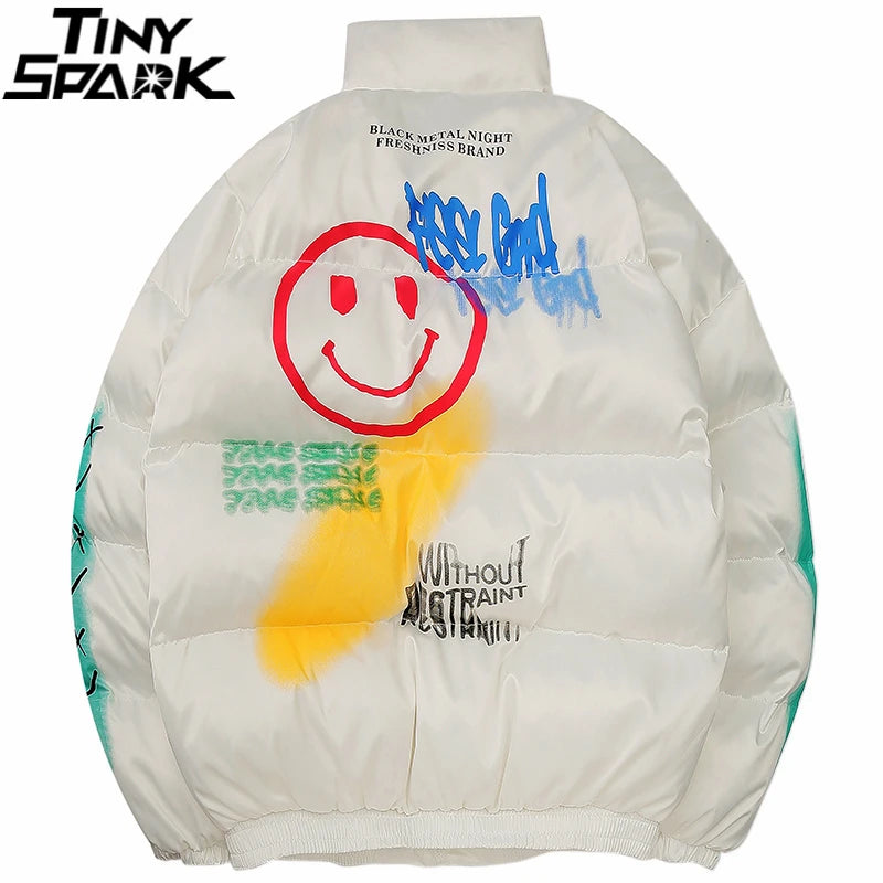 Hip Hop Parka Happy Graffiti Print Men Windbreaker Jacket