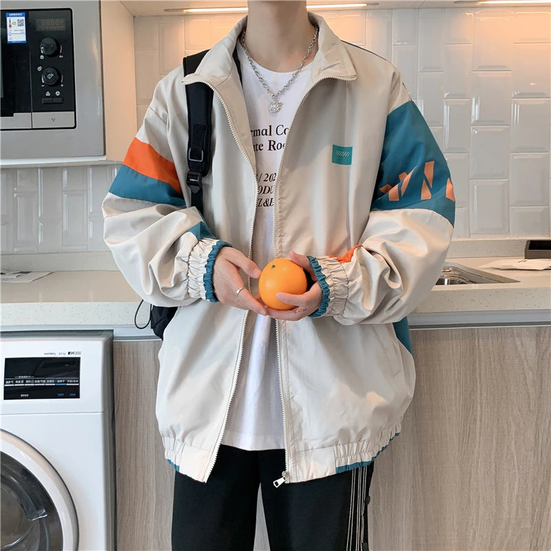 Men’s Spring & Autumn Casual Jacket – Loose Fit Sporty Zip-Up Long Sleeve Hong Kong Style Outerwear