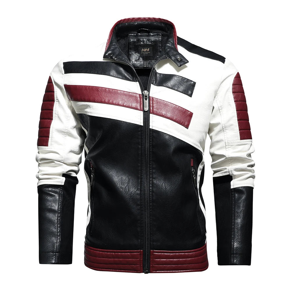 Men’s Vintage Motorcycle Jacket – Embroidered Biker Bomber | Fleece-Lined PU Leather Winter Coat