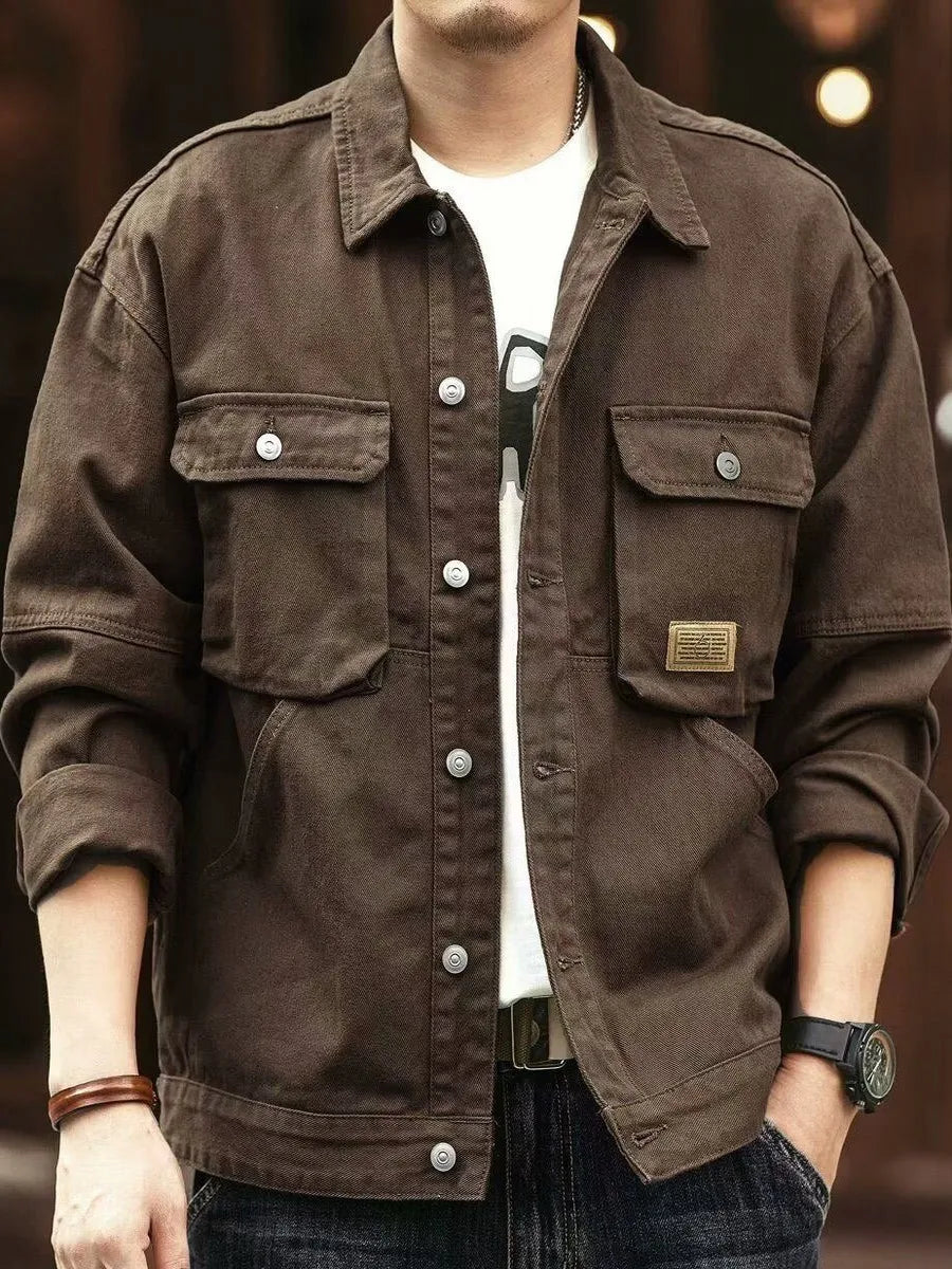 Men's Casual Loose Fit Denim Jacket – Multi-Pocket Workwear Streetwear Top