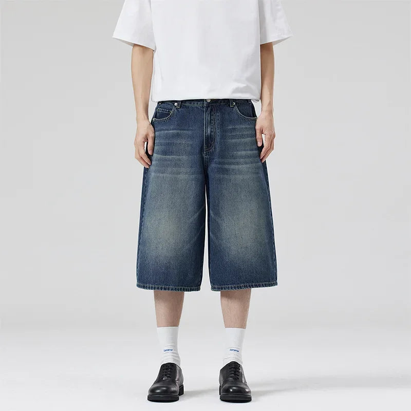 Men’s Lightning Crack Denim Shorts – Loose Wide-Leg Cropped Jeans | American Streetwear Casual Pants