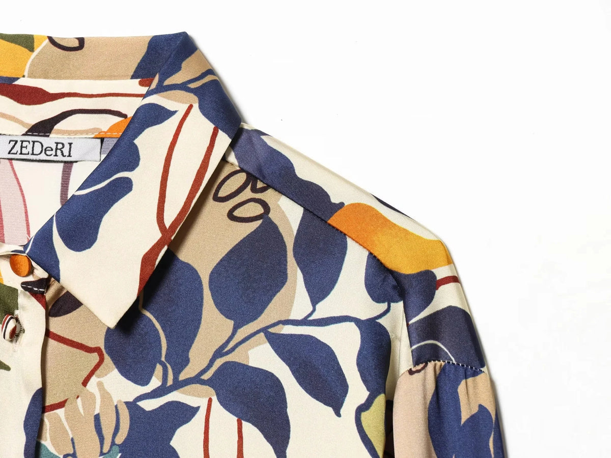 Women’s Printed Turn-Down Collar Blouse – Loose Fit Single-Breasted Shirt for Spring/Summer