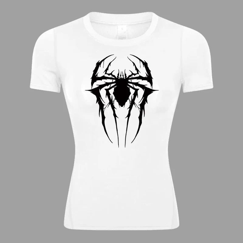 Women’s Spider Print Compression Shirt – Short Sleeve Athletic Top for Running, Gym & Yoga