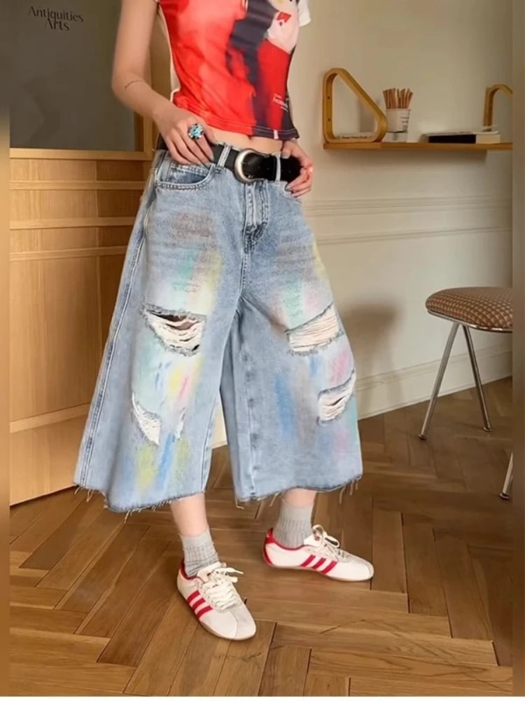 Y2K Ripped Wide Leg Denim Shorts – Women's Colour Splash Streetwear