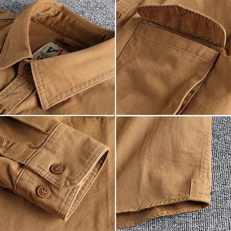 Men’s Retro Khaki Work Shirt Jacket – Solid Color Loose Fit with 3D Utility Pockets | Stylish Casual Autumn Overshirt