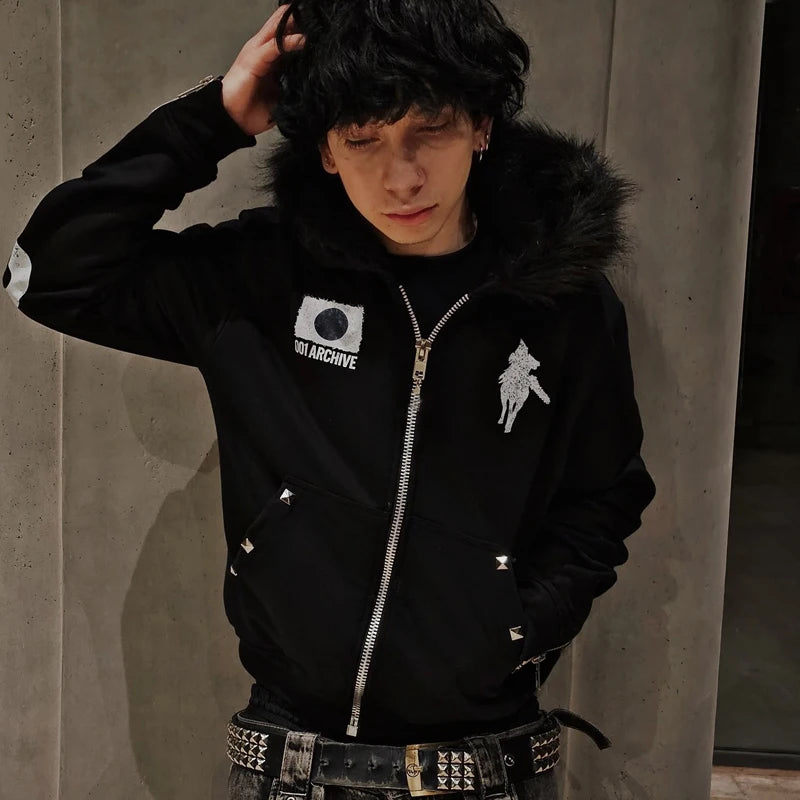 Unisex Y2K Faux Fur Collar Hoodie Jacket – Zip-Up Retro Punk Hip Hop Rock Streetwear Coat, Autumn & Winter