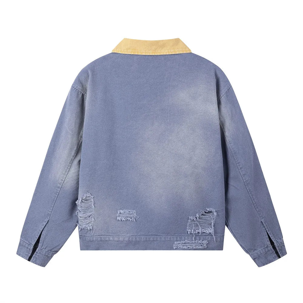 Block Cargo Jacket Mens Ripped Spring Retro High Street Long Sleeve Outerwear Men