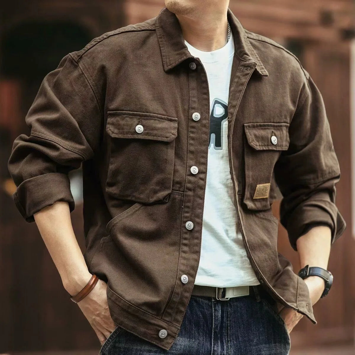 Men's Casual Loose Fit Denim Jacket – Multi-Pocket Workwear Streetwear Top