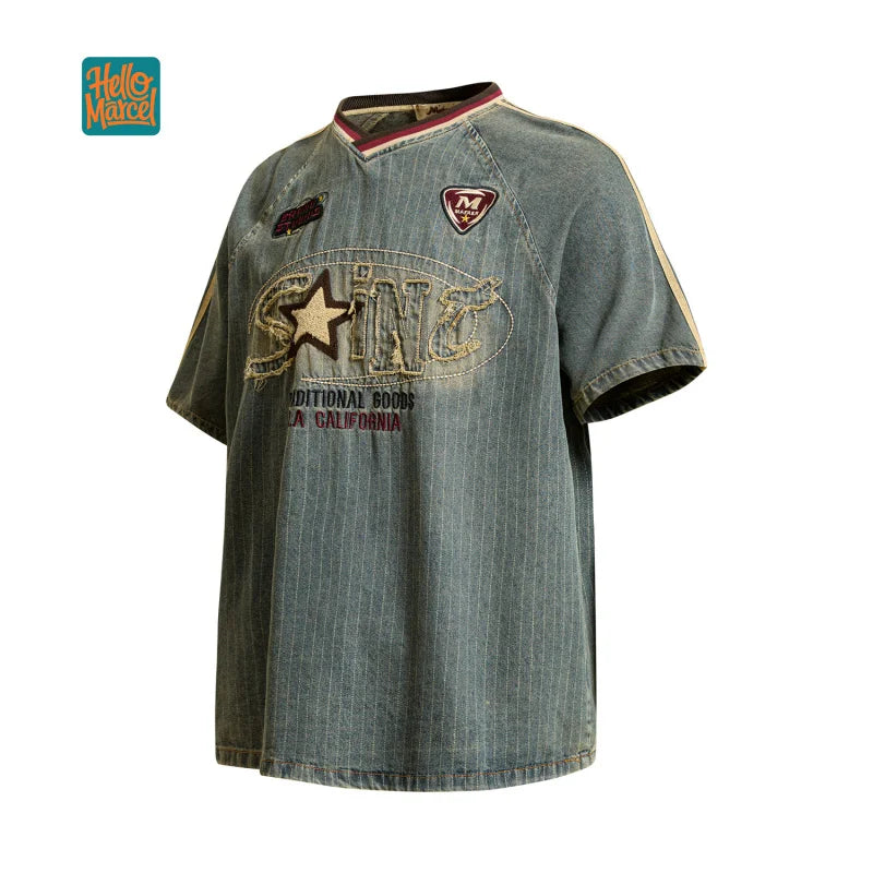 Premium Unisex Denim T-Shirt – Vintage Distressed V-Neck Casual Streetwear Top for Men & Women