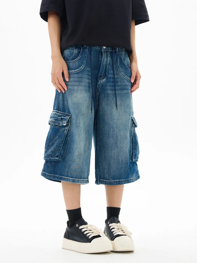 Men’s Washed Denim Cropped Pants – Loose Wide-Leg Multi-Pocket Streetwear Jeans