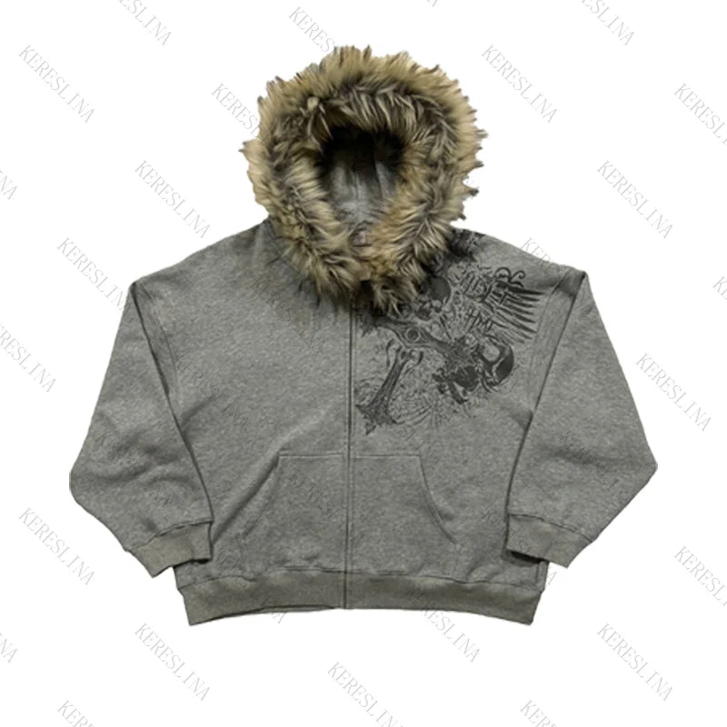 Unisex Y2K Faux Fur Collar Hoodie Jacket – Zip-Up Retro Punk Hip Hop Rock Streetwear Coat, Autumn & Winter