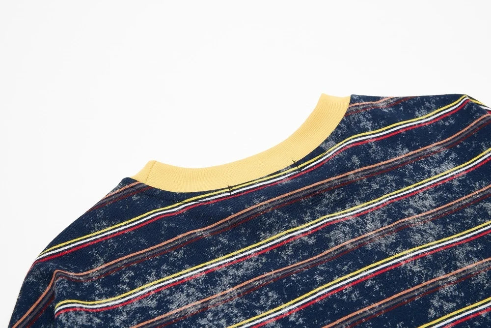 Men’s Retro Letter Print T-Shirt – Contrast Striped Cotton Crew Neck Tee