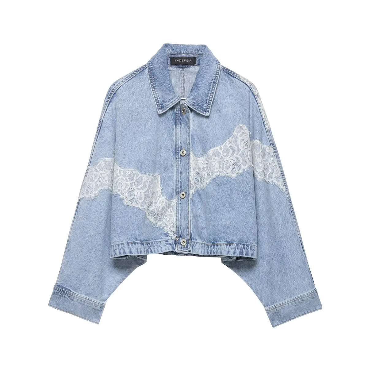 Women’s Denim Lace Patchwork Jacket – Vintage Lapel Neck Single-Breasted Coat