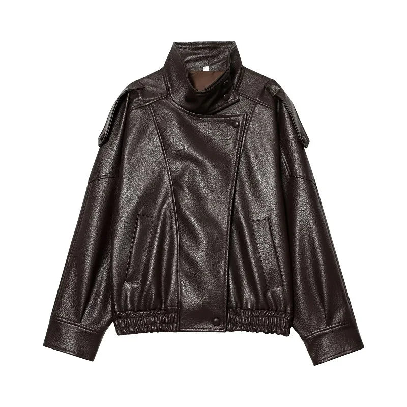 Women’s Oversized Faux Leather Bomber Jacket – Winter Fashion Coat