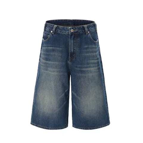 Men’s Lightning Crack Denim Shorts – Loose Wide-Leg Cropped Jeans | American Streetwear Casual Pants