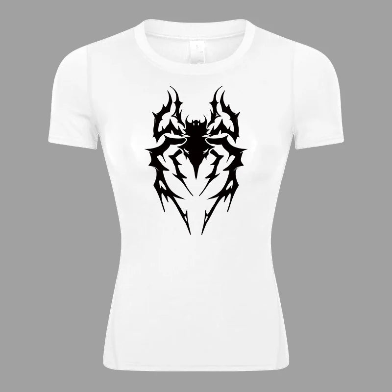 Women’s Spider Print Compression Shirt – Short Sleeve Athletic Top for Running, Gym & Yoga