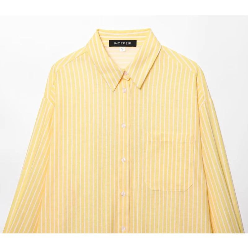 Women’s Yellow Striped Oversized Shirt – Casual Button-Up Long Blouse for Summer