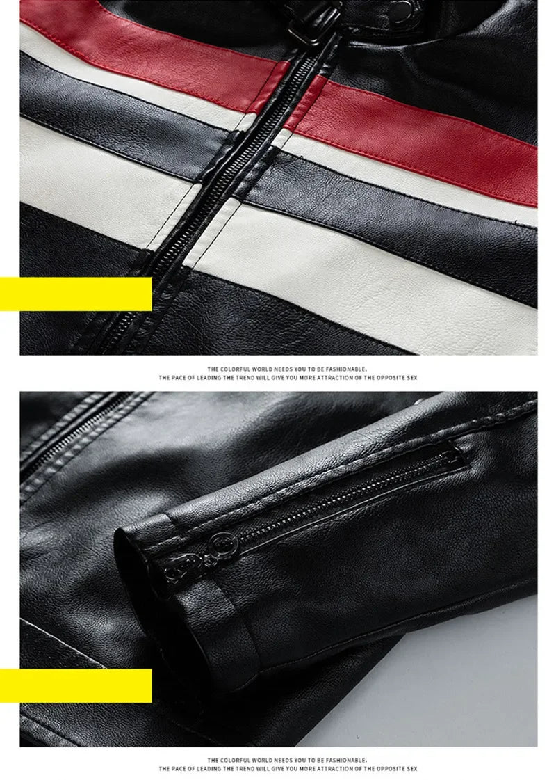 Men's PU Leather Motorcycle Jacket – Slim Fit Stand Collar Biker Coat
