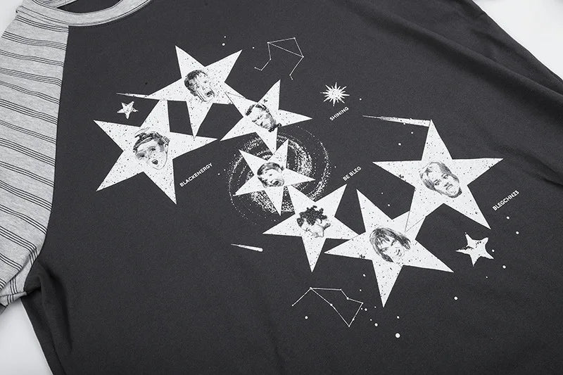 Unisex Retro American Star Print T-Shirt – Striped Patchwork Long Sleeve Cotton Streetwear Topstyle