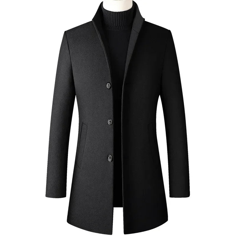 TFETTERS Men’s Long Trench Coat – Korean-Inspired Stand Collar Business Casual Windbreaker, Autumn & Winter Jacket