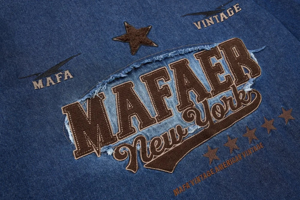 Men’s Retro Denim T-Shirt – Letter Embroidery Washed Distressed Short Sleeve Crew Neck Summer Tee