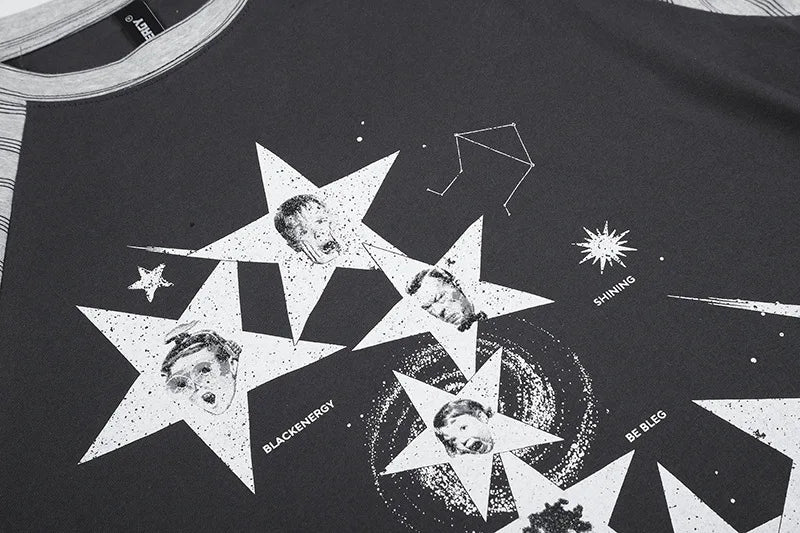 Unisex Retro American Star Print T-Shirt – Striped Patchwork Long Sleeve Cotton Streetwear Topstyle