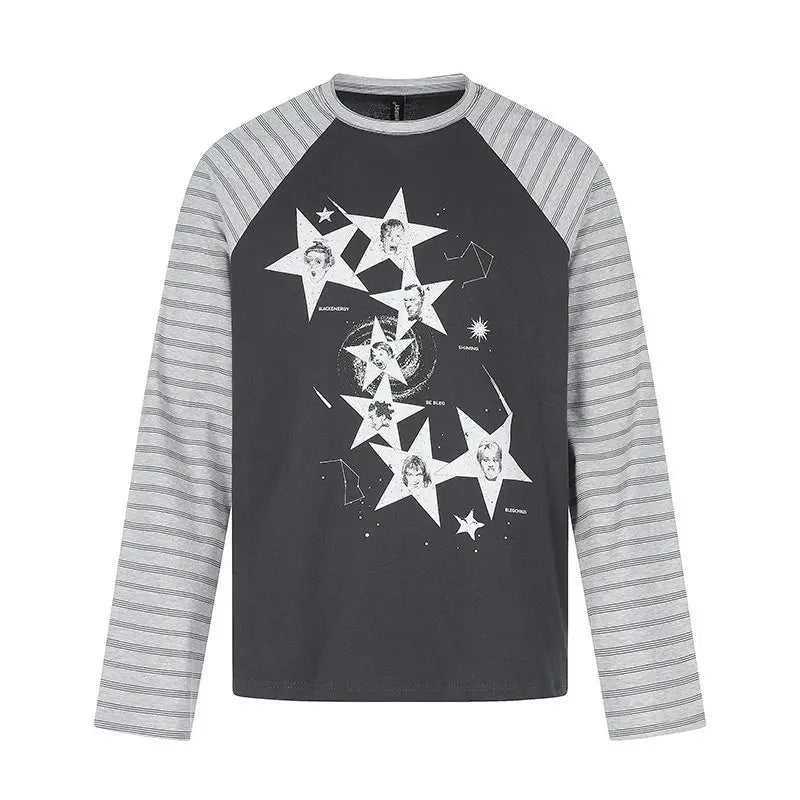 Unisex Retro American Star Print T-Shirt – Striped Patchwork Long Sleeve Cotton Streetwear Topstyle