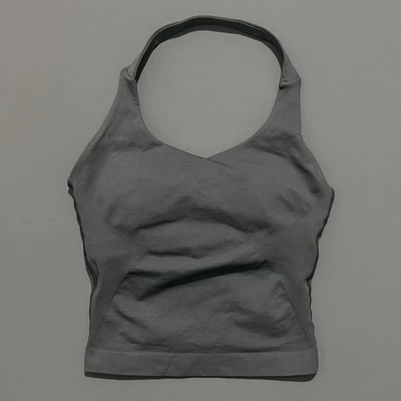 Women's Seamless Halterneck Longline Sports Tank Top – Ruched Gym Activewear