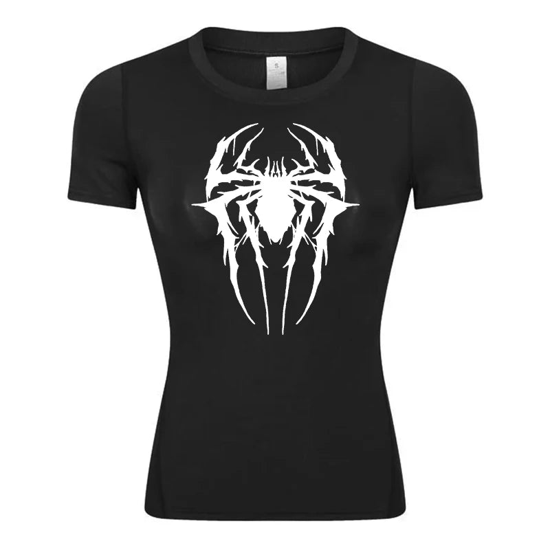 Women’s Spider Print Compression Shirt – Short Sleeve Athletic Top for Running, Gym & Yoga