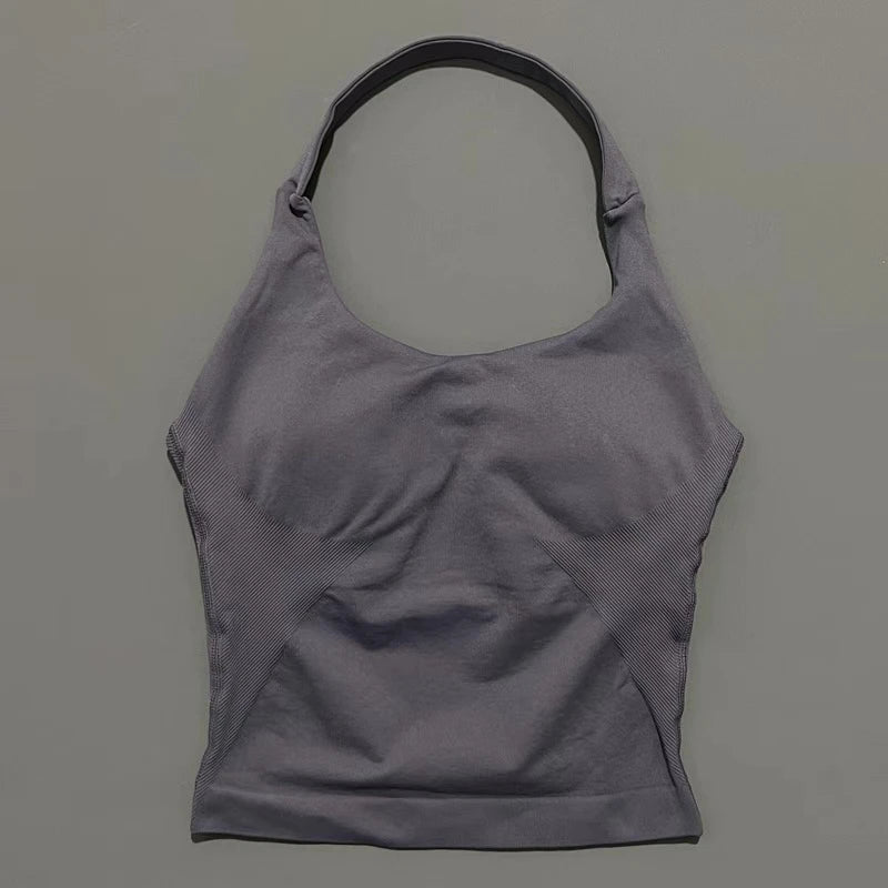 Women's Seamless Halterneck Longline Sports Tank Top – Ruched Gym Activewear