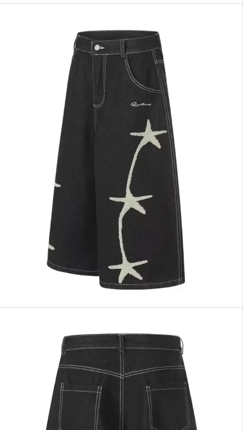 Unisex Retro Star Embroidered Denim Shorts – Loose Straight-Leg Casual 5/4 Jeans