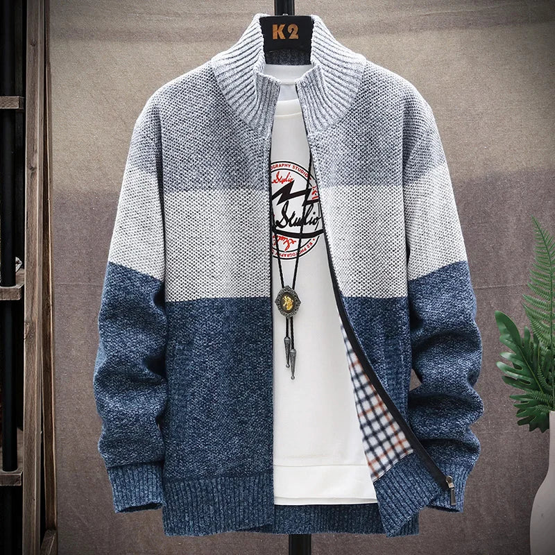 Men’s Winter Fleece Cardigan – Zipper Knit Sweater, Striped Casual Jacket